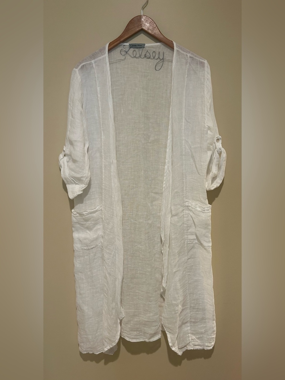 Angela Mara 100% Linen Made in Italy  White Open-Front Women's Duster Size L